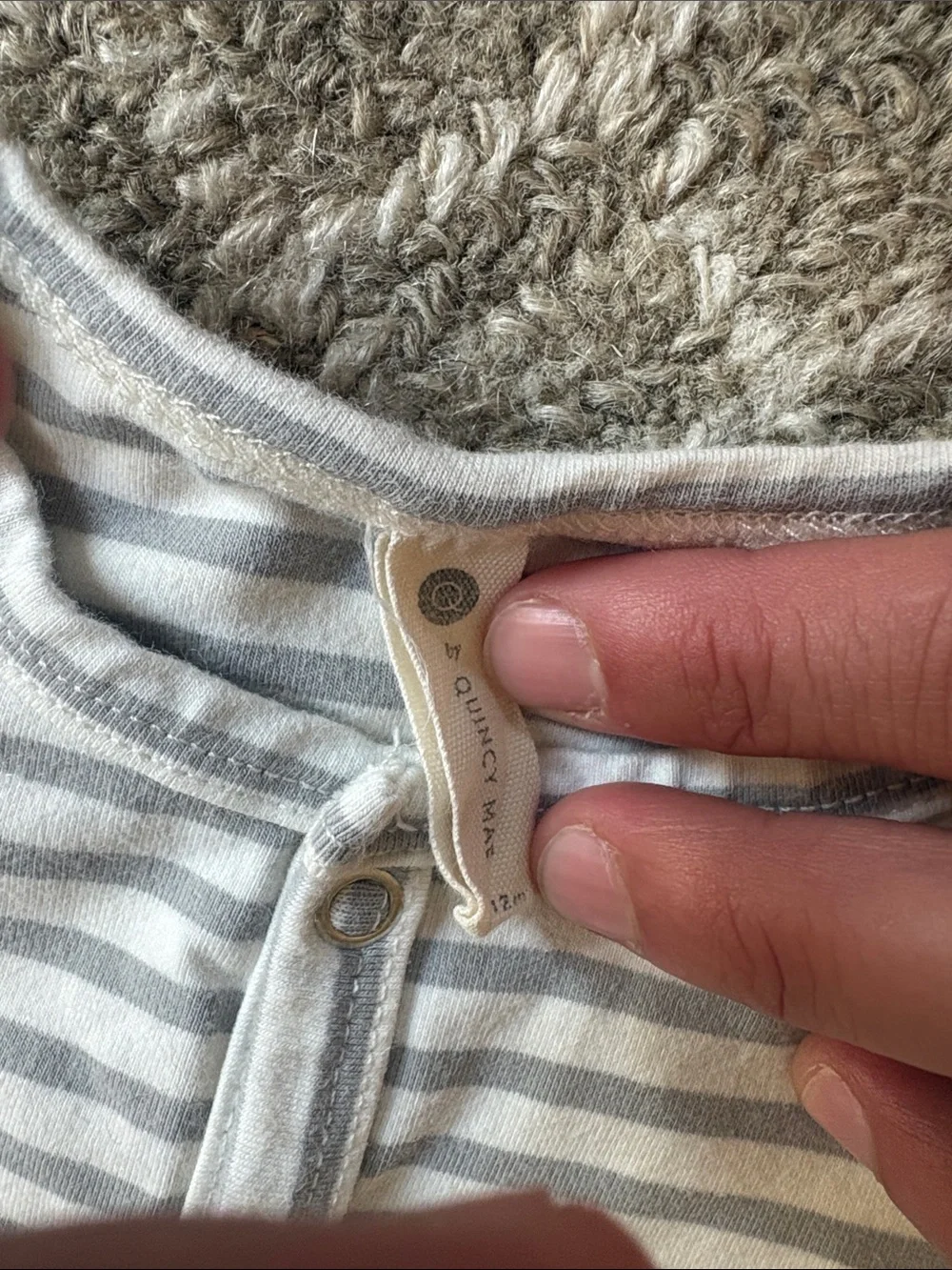 Quincy Mae Gray and White Striped Footed One-Piece (Size 6-12 months)